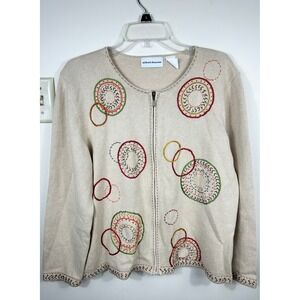 Alfred Dunner STUNNER Embroidered Cardigan Sweater Women's L Cream Ramie Granny